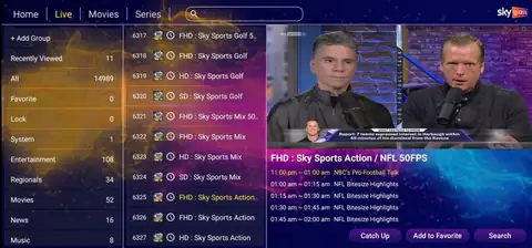 Sky Glass IPTV live TV screen with channel categories, channel list and programme guide