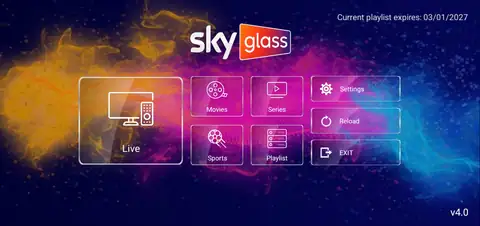 Sky Glass IPTV home menu with Live, Movies, Series, Sports and Playlist