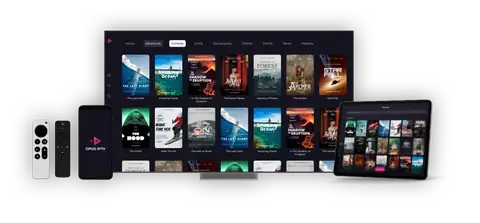 Streaming app shown on a television, phone, tablet and remote controls